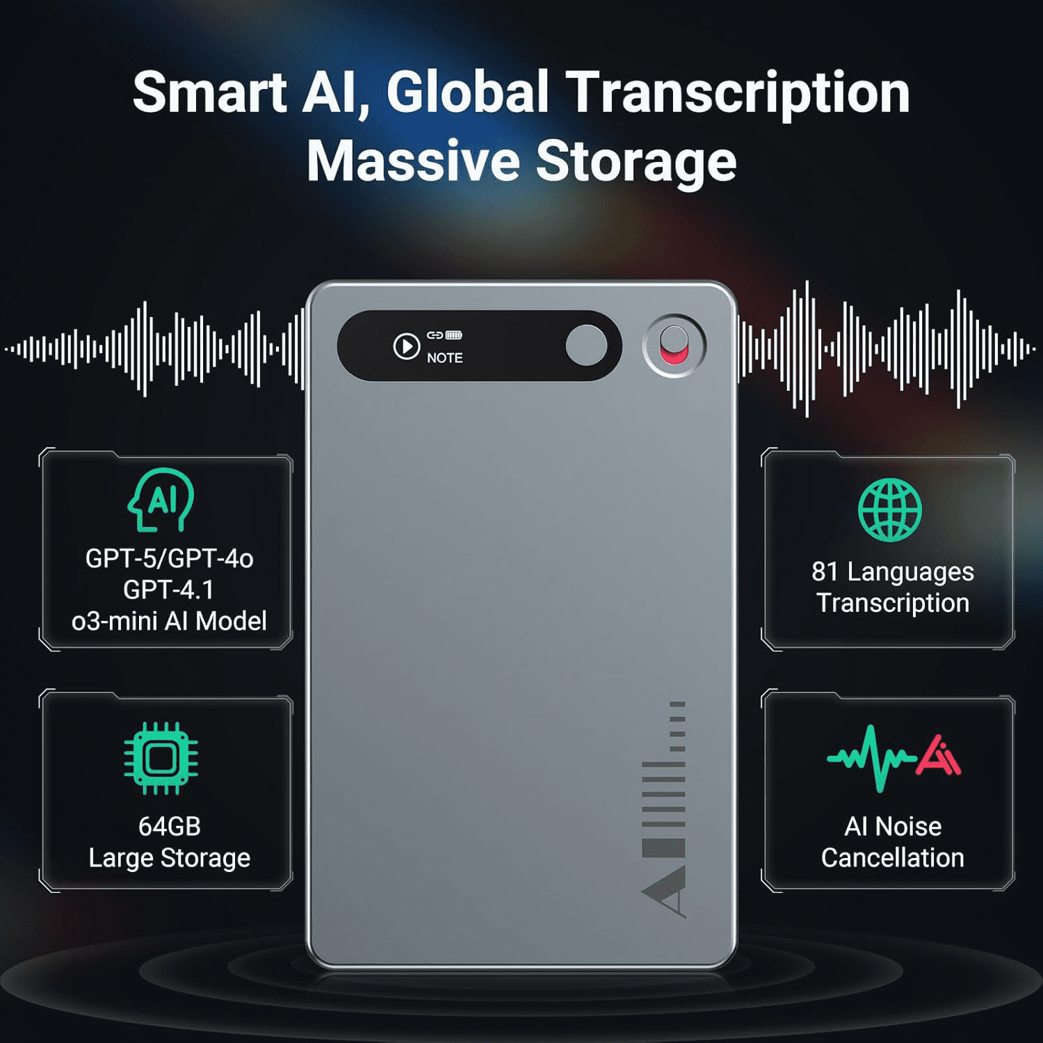 AI Noise Cancellation Voice Recorder: Transcribe, Summarize & Text Translation, 81 Languages, 64GB Memory, App Control for Meeting, Call, and Lecture