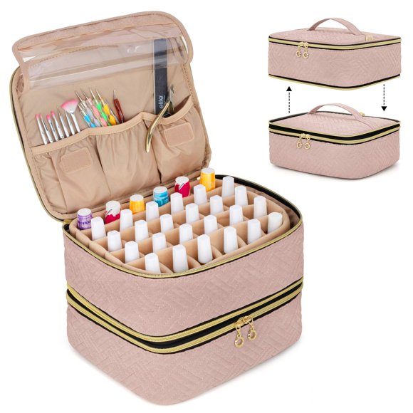 Luxja Organiseur de Vernis à Ongles Détachable 2 Couches - Contient 60 Bouteilles (15ml - 0.5 fl.oz), Étui à Vernis avec Poches de Rangement pour Outils (Design Breveté), Rose Pâle