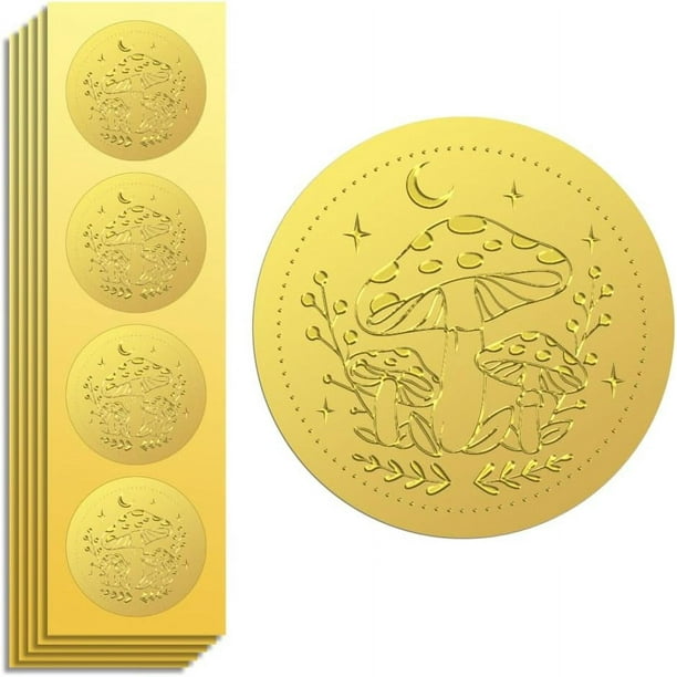 Sello adhesivo dorado con forma de hongo y luna en relieve, 2 pulgadas, 100 unidades, autoadhesivo dorado alrededor del sello.