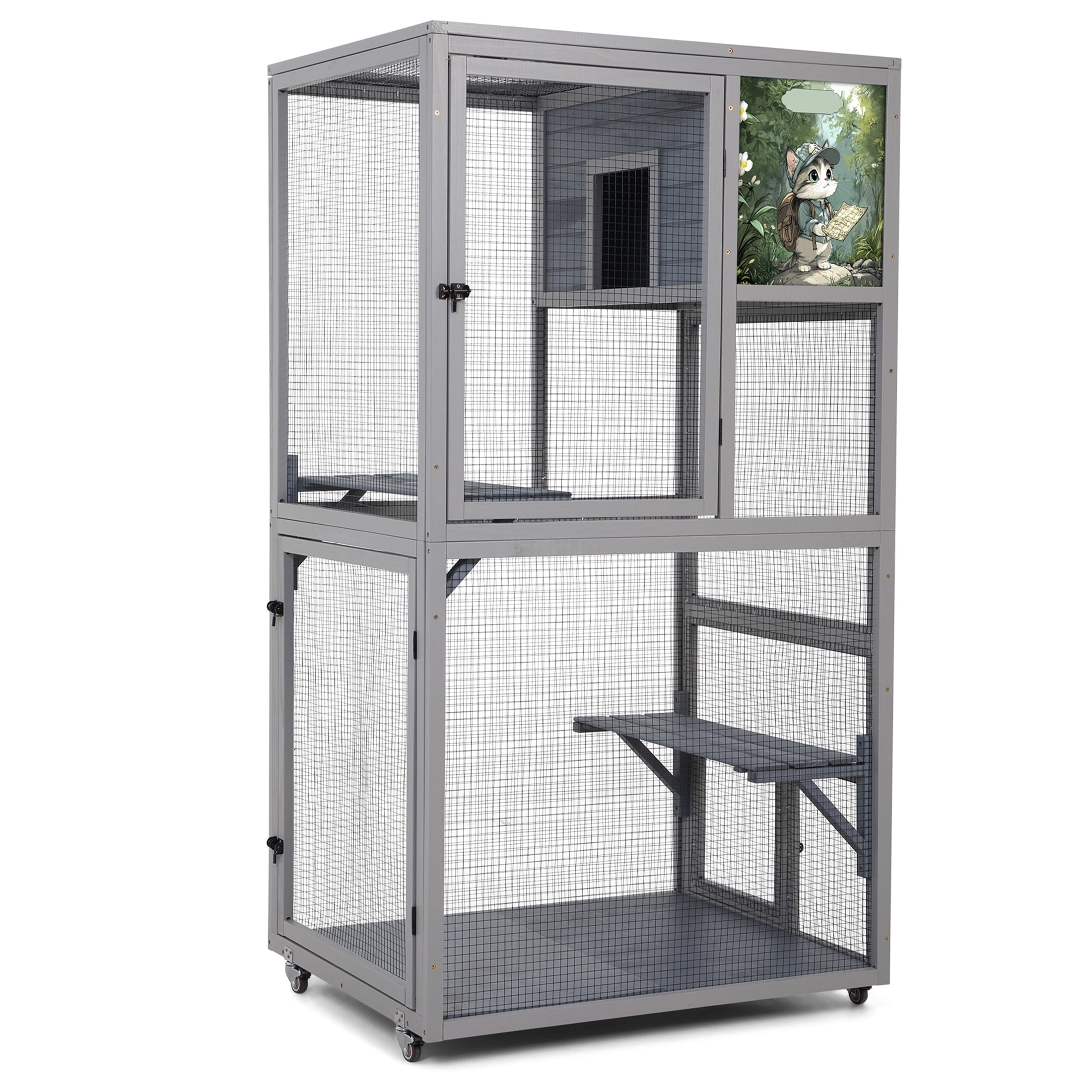JERFIT 66" Large Outdoor Catio Enclosure with Wheels, 2 Platforms & Sleeping Condo, Portable Cat Cage Patio House for Indoor & Outdoor Use, Gray