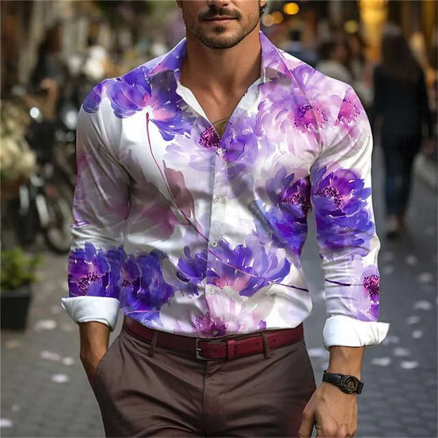 Camisa de hombre con estampado floral y solapa de talla grande, ropa de calle de uso diario, manga larga, ropa estampada, diseño retro, informal, 2024
