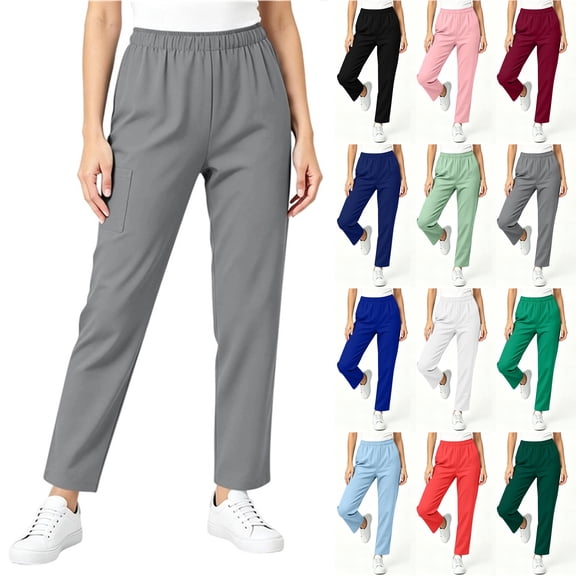 Bloomae Women's Scrub Pants Lightweight Elastic High Waist Straight Leg Lounge Trousers with Pockets Casual Baggy Work Uniform Pants