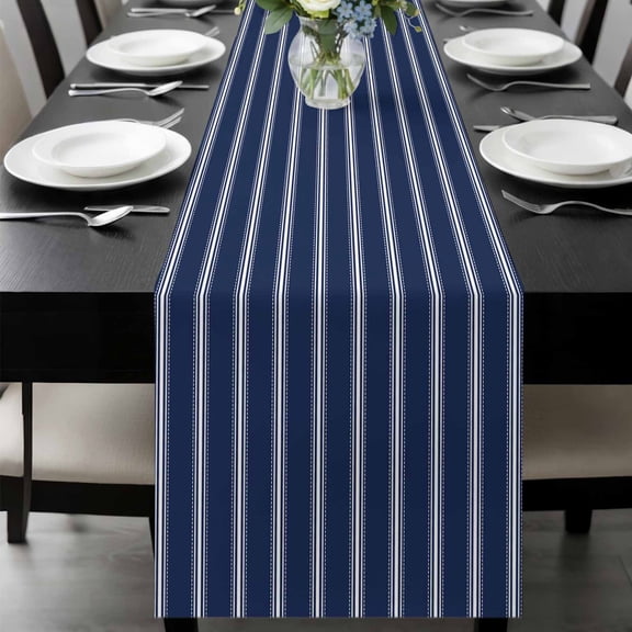 Navy Blue Striped Table Runner 48 Inches Long, Navy Blue White Farmhouse Stripes Kitchen Coffee Dining Table Decoration for Home Party Birthday Wedding Home Decor 13x48 Inches