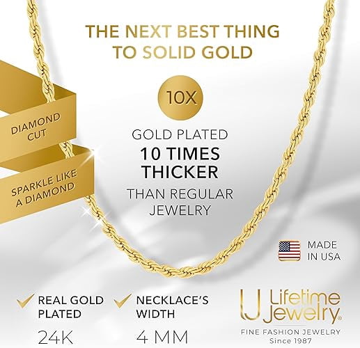 LIFETIME JEWELRY 4mm Rope Chain Necklace 24k Real Gold Plated-Women and Men (22 mm)