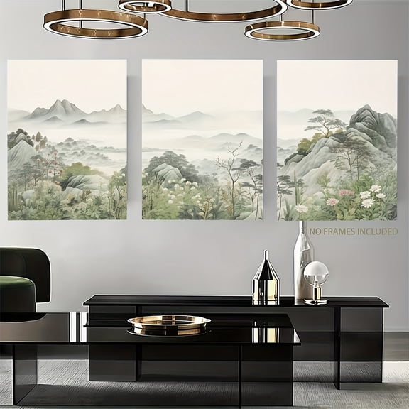 3pcs, Home Decor Painting, 2D Flat, Frameless, Japanese Landscape Wall Art, Three-Panel Sage Green Mountain Scenery Poster, Japandi Natural Poster, Watercolor Style Print, Suitable For Living Room,
