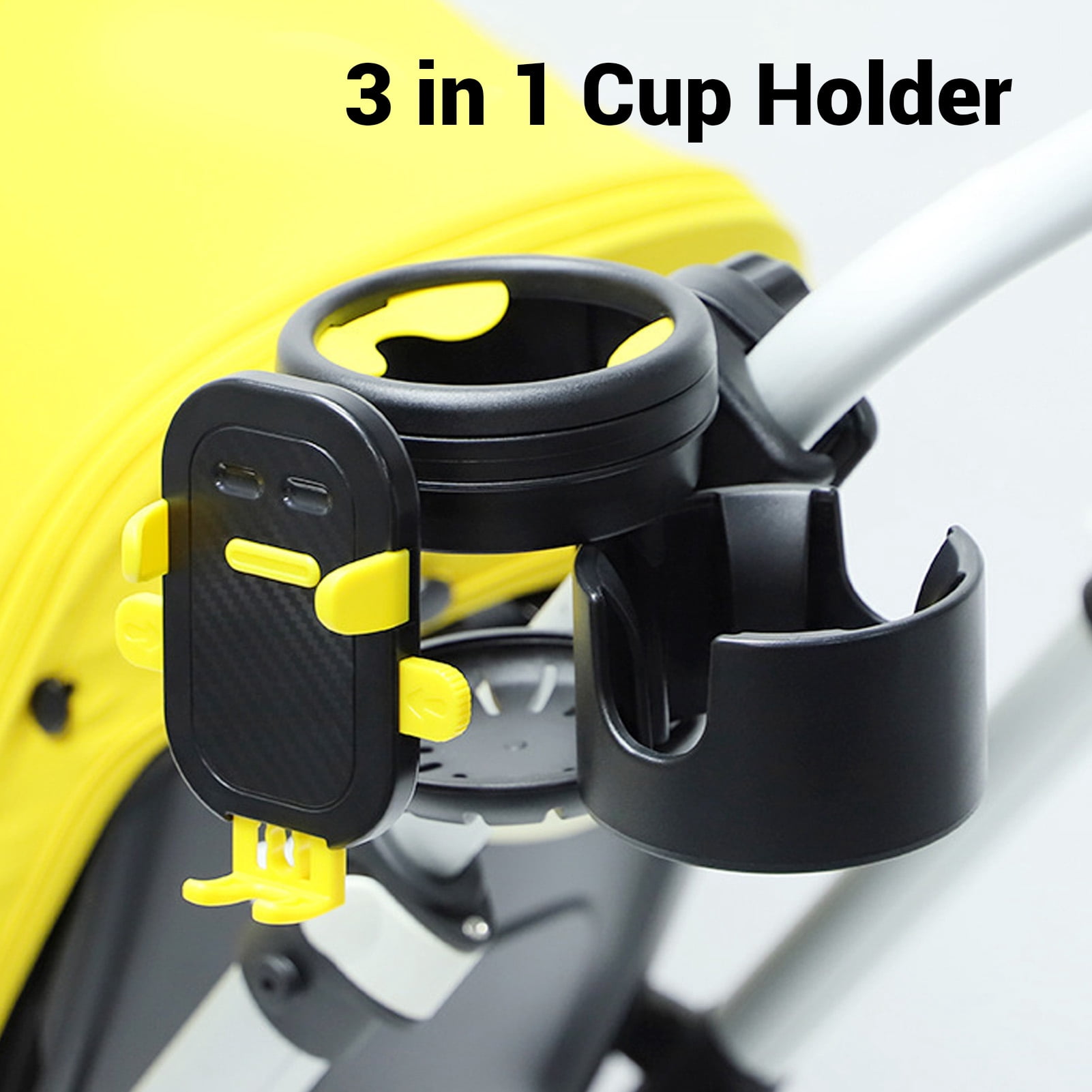BIMZUC Stroller Cup Holder with Phone Holder, Multifunctional 3 in 1 Stroller Bottle Holder, Double Drink Rack Organizer for Walker Scooters Wheelchairs, Black Yellow
