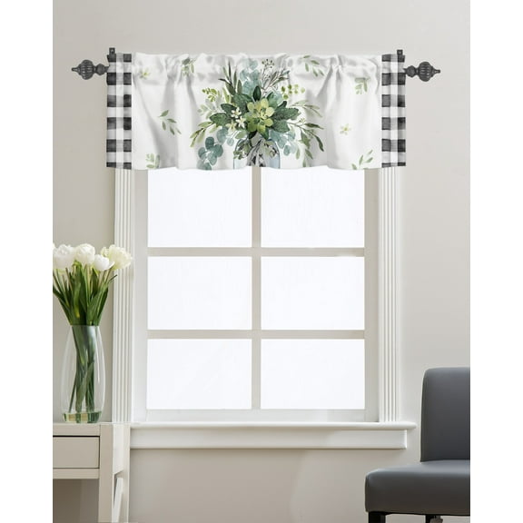 Kitchen Cafe Valance Curtain for Small Windows,Green Watercolor Botanical Leaves Rod Pocket Valances Black and White Buffalo Plaid Window Treatment Panel for Living Room/Bedroom/Bathroom,54x18in