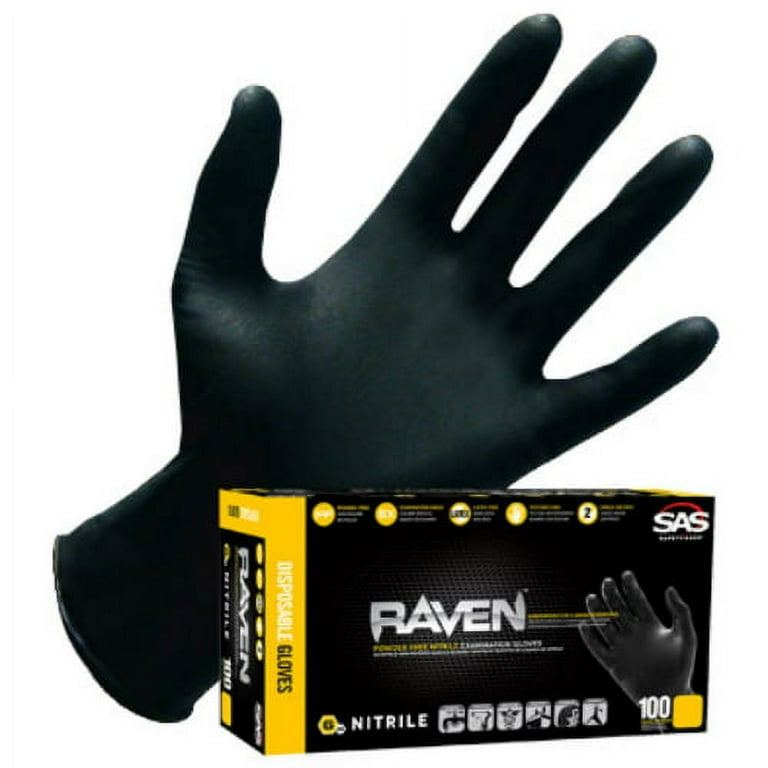 SAS Safety Raven Powder-Free Black Nitrile 6 Mil Gloves, Large, 10