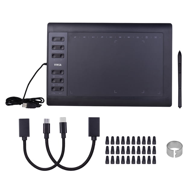 Tabla de dibujo digital VIN1060PLUS de 10x6 pulgadas con lápiz sin batería, 8192 niveles de presión, 12+10 teclas rápidas, incluye 30 puntas, extractor de lápiz y 2 cables OTG, color negro, paquete