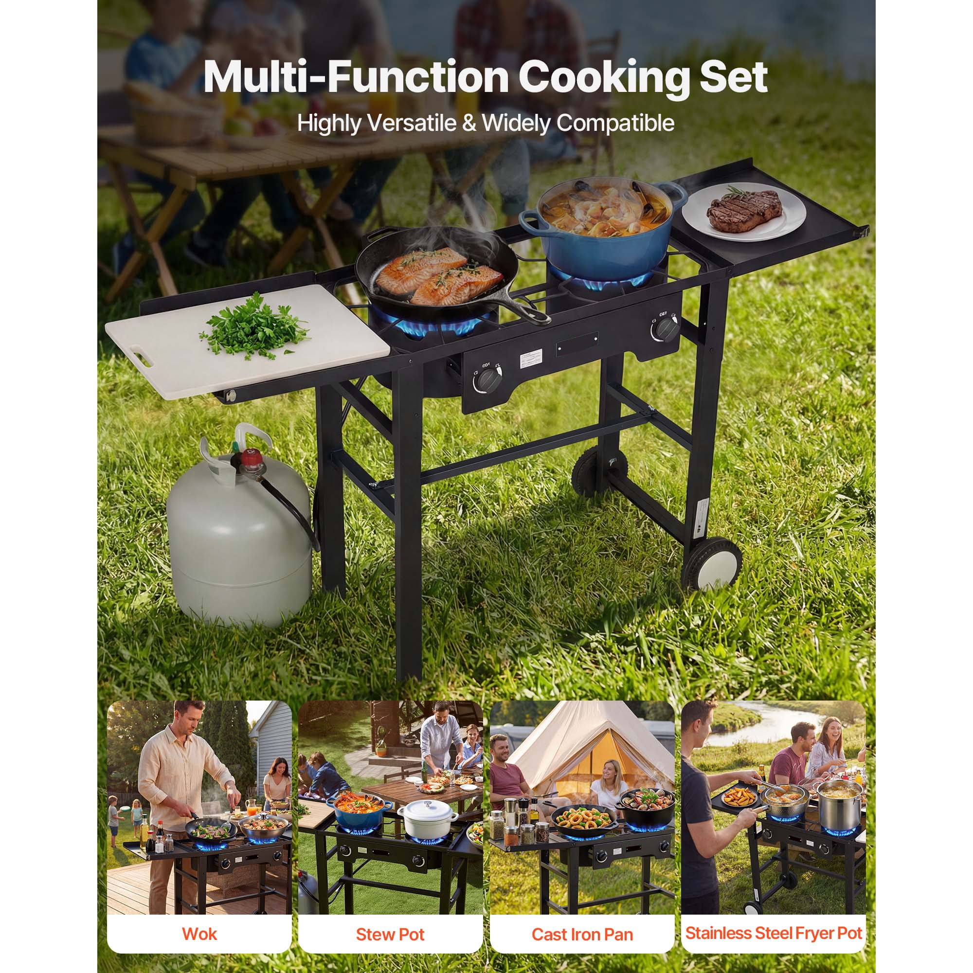 KFFKFF 2-Burner Outdoor Propane Gas Stove, 150,000 BTU LPG Camping Cooker, Foldable Heavy-Duty Carbon Steel Design with Wheels, Shield, and 20 PSI Regulator, Ideal for BBQs, Camping,and Patio Cooking
