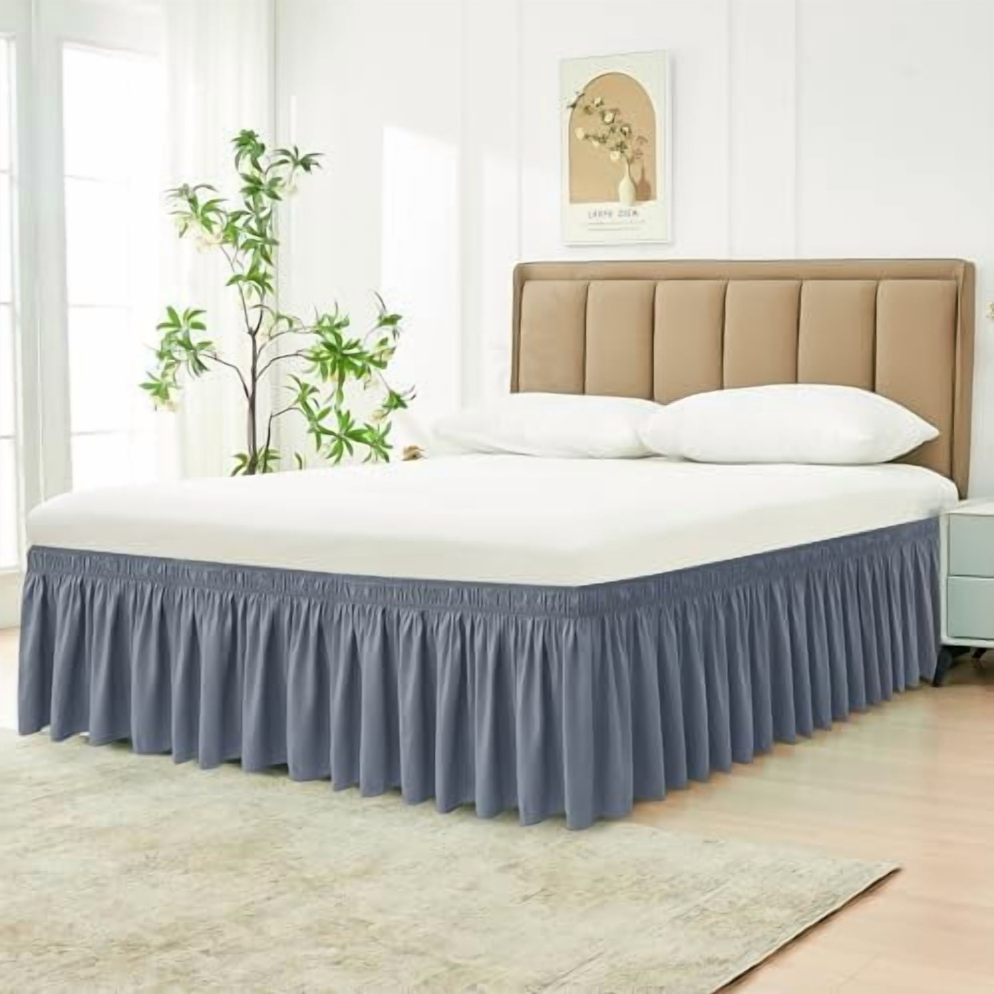 Wrap Around Bed Skirts for Twin & Twin XL Beds Short Drop of 12", Dark Grey Adjustable Elastic Dust Ruffles Easy Fit Wrinkle Resistant Silky Luxurious Fabric Machine Washable
