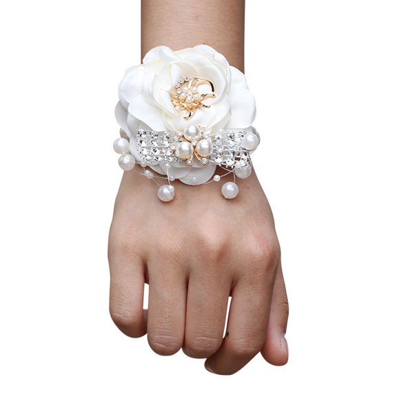 comerut Wedding Wrist Flower Elegant Faux Pearl Rhinestone Design Never Wilt or Fade Wrist Flower for Bridesmaids Groomsmen
