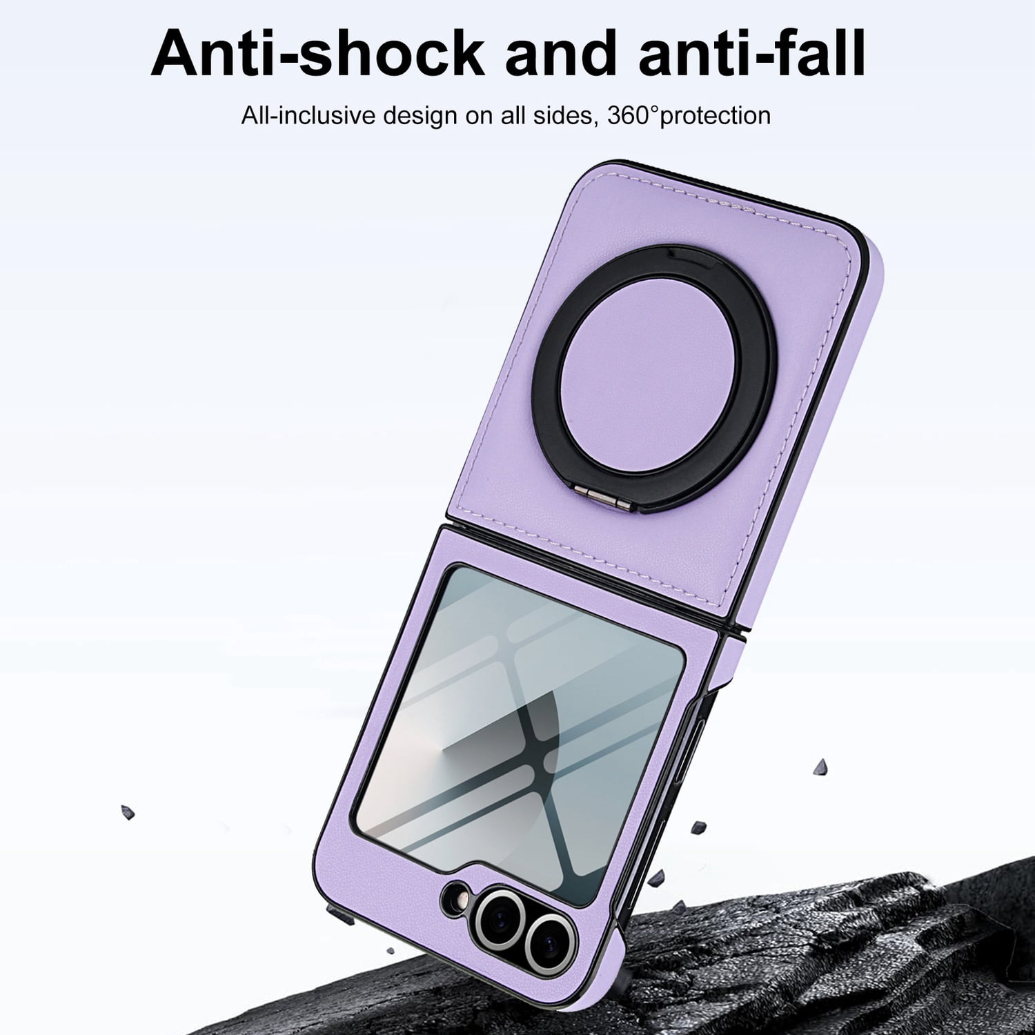 Compatible with Samsung Galaxy Z Flip 7 Phone Case,Built-in Screen Protector,360° Rotatable Ring Kickstand,Compatible with Mag-Safe,Anti-Scratch Leather Shockproof Rugged Phone Case,Lightpurple