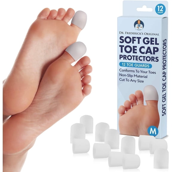Dr. Frederick's Original Gel Toe Protectors for Men & Women - 12 ct - Toe Caps for Foot Pain Relief - Flexible Cushions for Ingrown Toenails, Corns, Calluses, Blisters, and Comfort - White - Medium