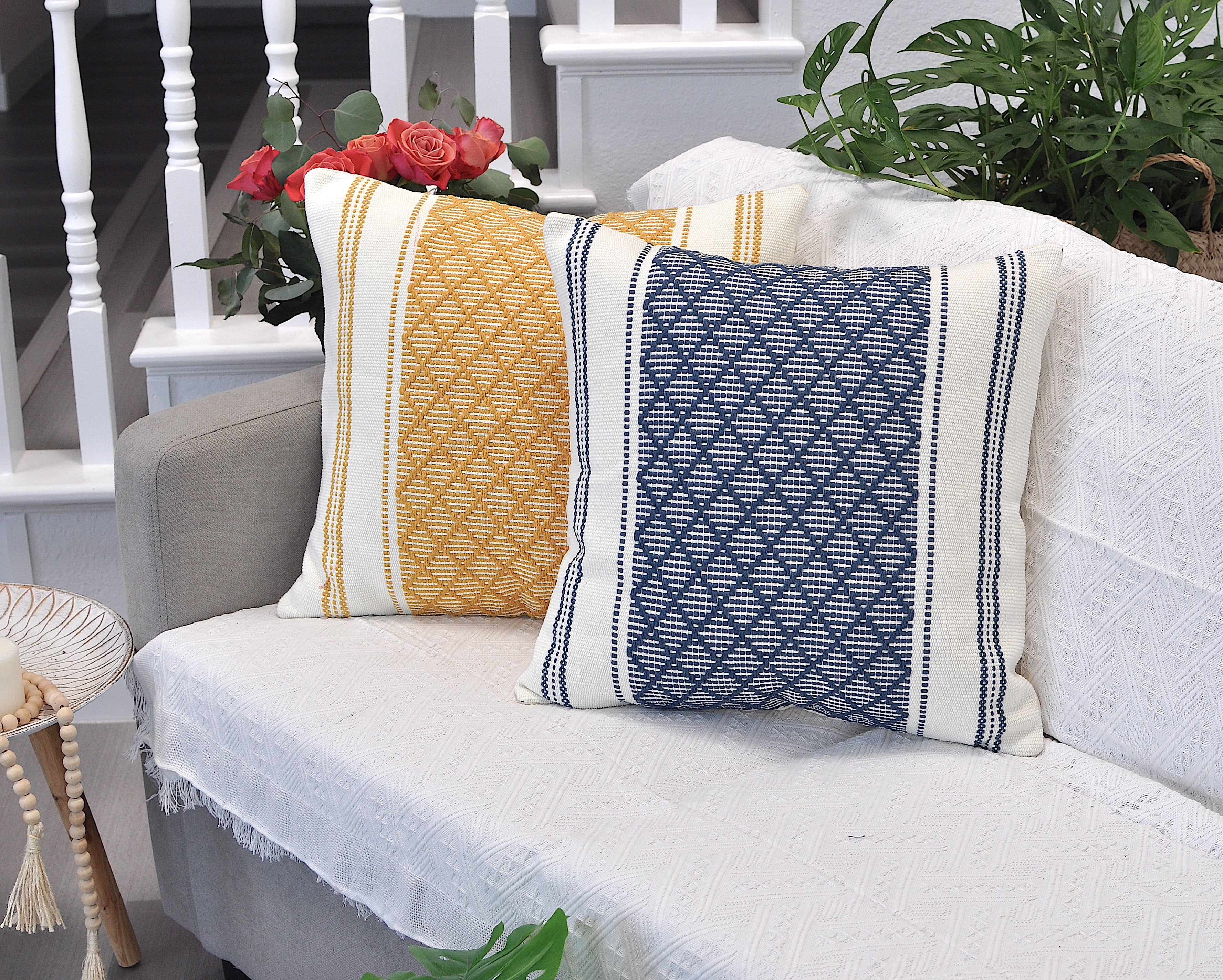 Cotton Woven Designer Throw Pillow Covers, Navy Blue and Cream White, 18 x 18 inches | Square Cushion Covers with Geometric Design Set of 2