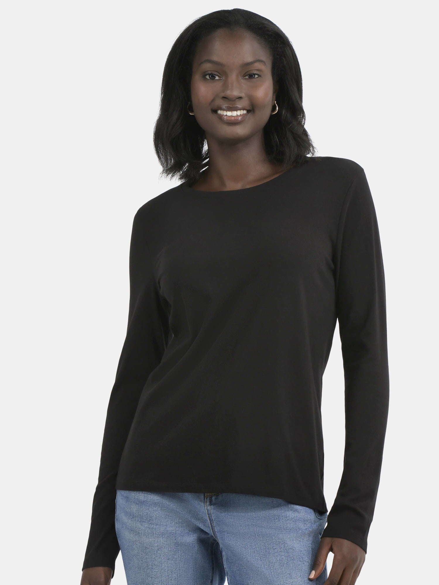 Time and Tru Women's Cotton Crewneck Tee with Long Sleeves, 2-Pack, Sizes XS-XXXL