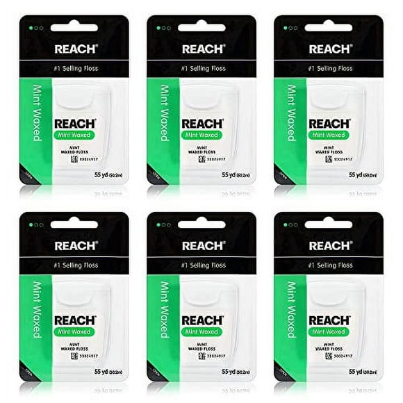 REACH Waxed Dental Floss 6 Pack Bundle, Mint, Plaque Remover, Shred Resistant, Extra Wide Cleaning, Gentle on Gums & Teeth, PFAS-Free, Oral Care, For Adults & Kids, 55yd