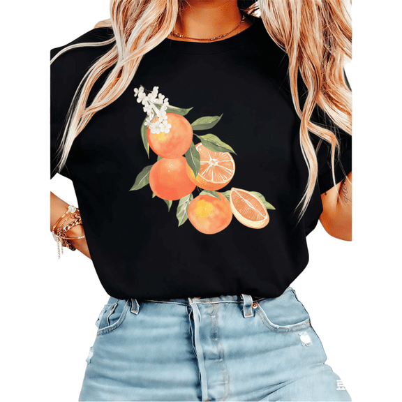 Women Casual Orange White Green Citrus Floral Graphic Tees Cotton Crew Neck Printed T Shirt Tops Black S-5XL