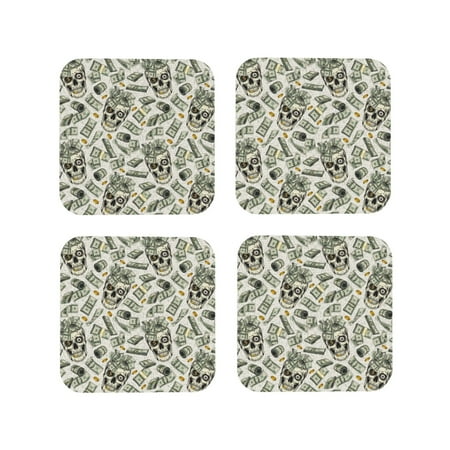 

Tideii Skull with Cash for Leather Coasters 4 Pieces Anti-fouling and Anti-scalding Decorative Coasters Suitable for Restaurants Kitchens Coffee Shops-Square