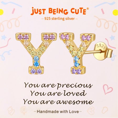 Just Being Cute Initial Earrings for Women Rainbow Cubic Zirconia Letter Stud Earring Hypoallergenic Alphabets Y Studs Birthday Mothers Day Jewelry for Mom/Her with Gift Card