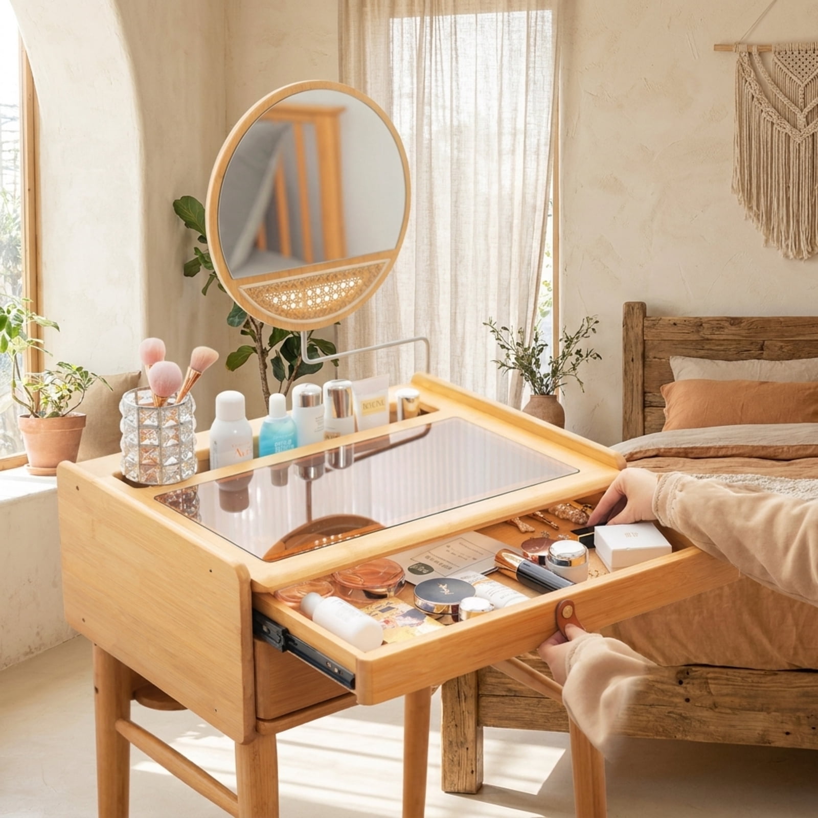 Furnibear Bamboo Makeup Vanity Table with Stool and 360-Degree Rotating Mirror for the Bedroom Makeup Room, Natural