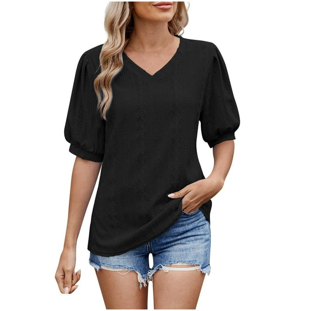 Tops de Color Sólido para las Mujeres Hueco Plisado Manga Corta con Cuello en V Suéter de Moda
