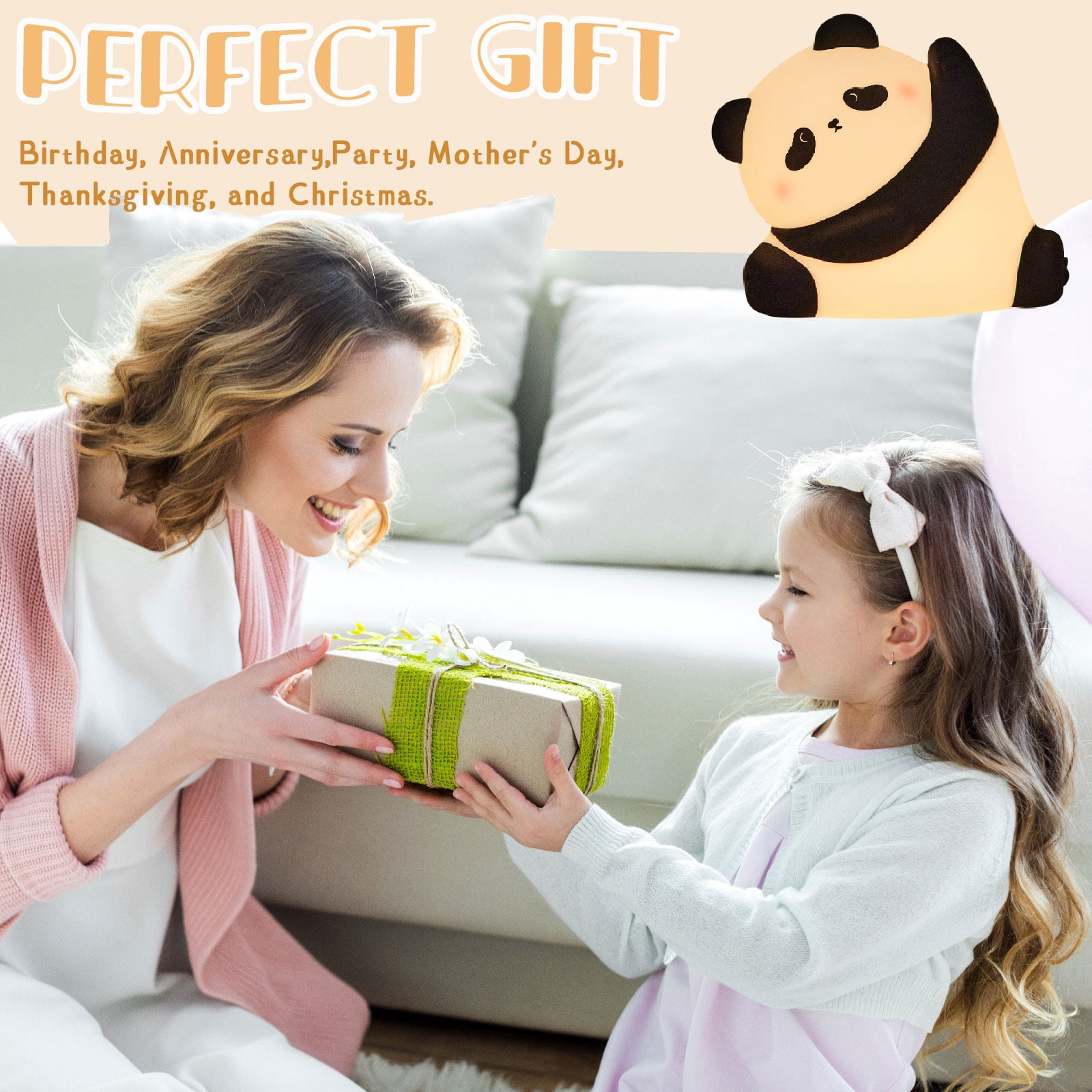 Cute Panda Night Light for Kids, Silicone Nursery Lamp with 3 Brightness Dimmable, 1800mAh Rechargeable Bedside Touch Lamp, LED Table Lamp 30 Minutes Timer, Squishy Night Light for Toddler Boy Girls
