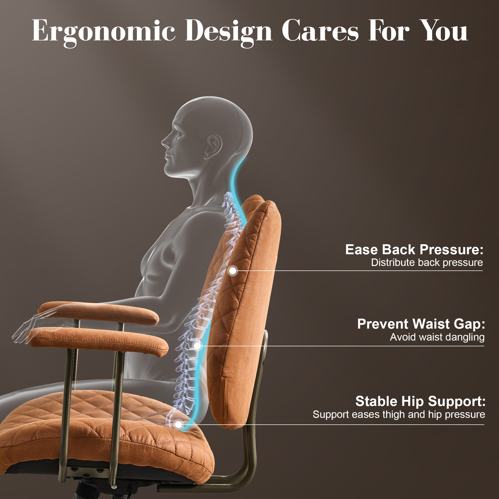 Toject Leather Office Chair, Mid Back Home Office Chair with Lumbar Support, Ergonomic Computer Chairs, Executive Desk Chairs with Thickened Cushions, Task Chairs for Office, Suede Leather, Brown