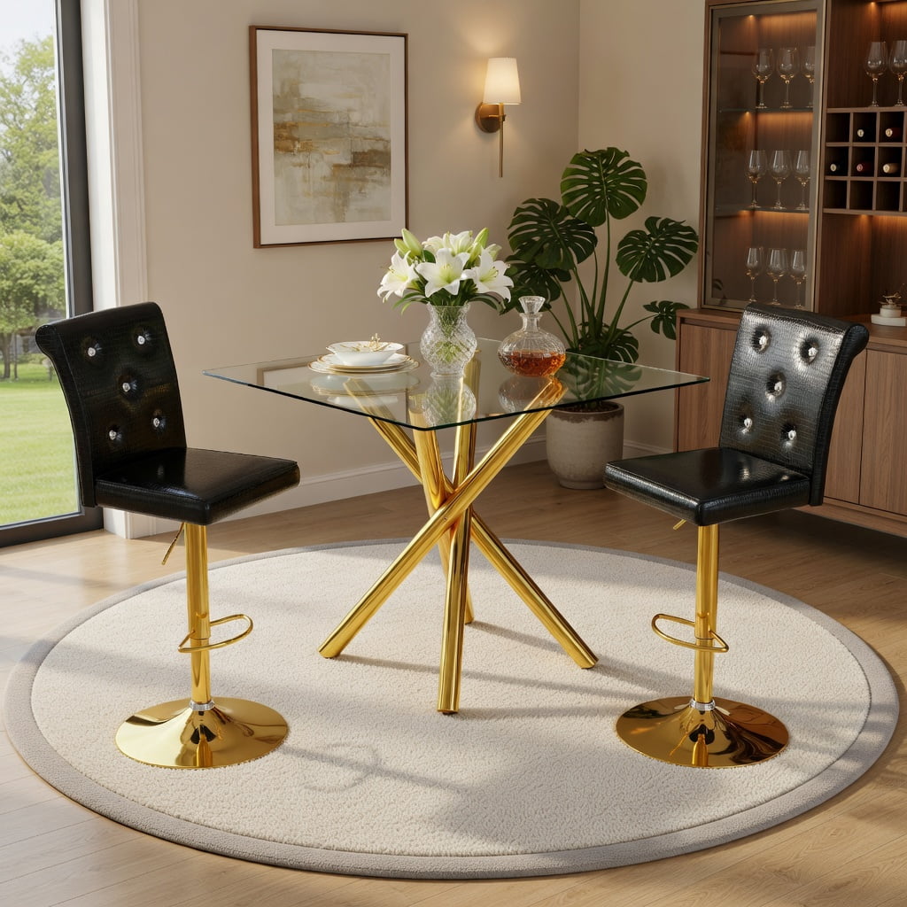Hommoo Modern 3-Piece Glass Bar Table Set with Adjustable Swivel Bar Stools, Chrome X-Base & PU Leather, Counter Height for Kitchen Island, Home Bar & Small Spaces, Black & Gold