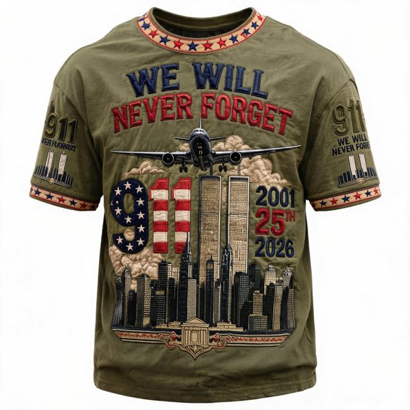 Never Forget 911 Patriotic Tee for Men with 25th Anniversary Print and Cotton Fabric Featuring 9/11 Memorial Shirts for Remembrance Ceremonies Church Services Community Events Green XL