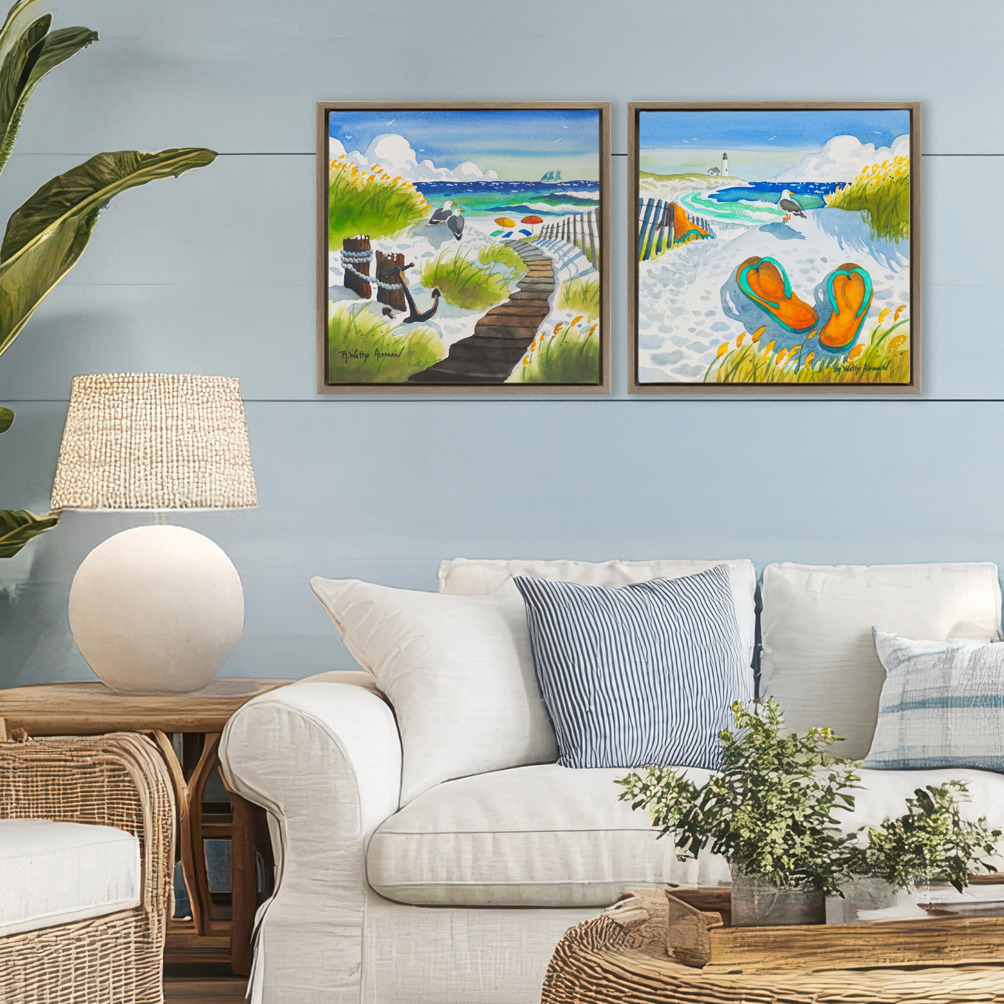 Stupell Industries Boardwalk Through Beach Scenery 2 Piece Brown Framed Floater Canvas Set, design by Robin Altman