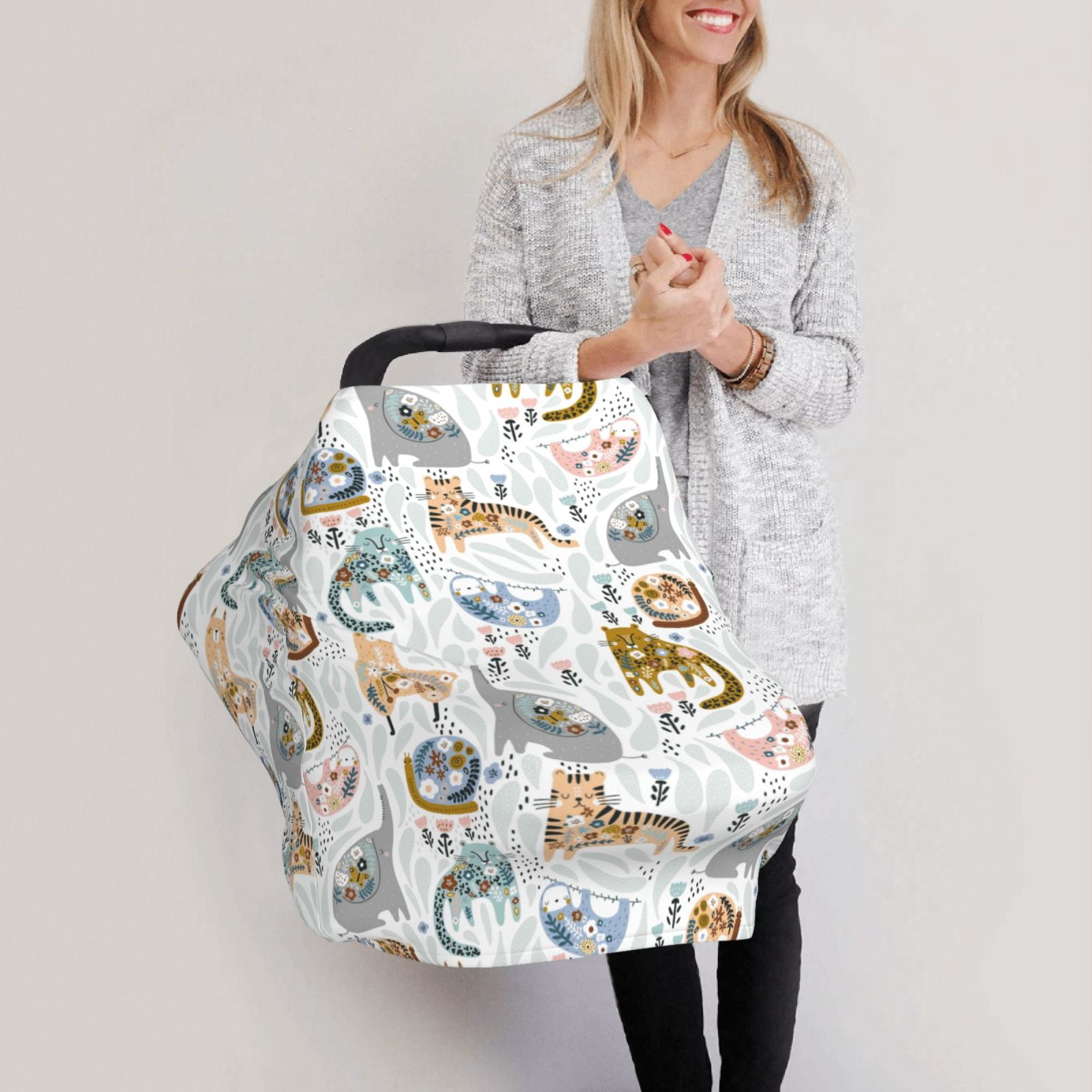 Fotbe Cute Colorful Animal Pattern Car Seat Covers for Babies, Nursing Breastfeeding Cover Infant Carseat Canopy, Soft Stretchy Carrier Cover