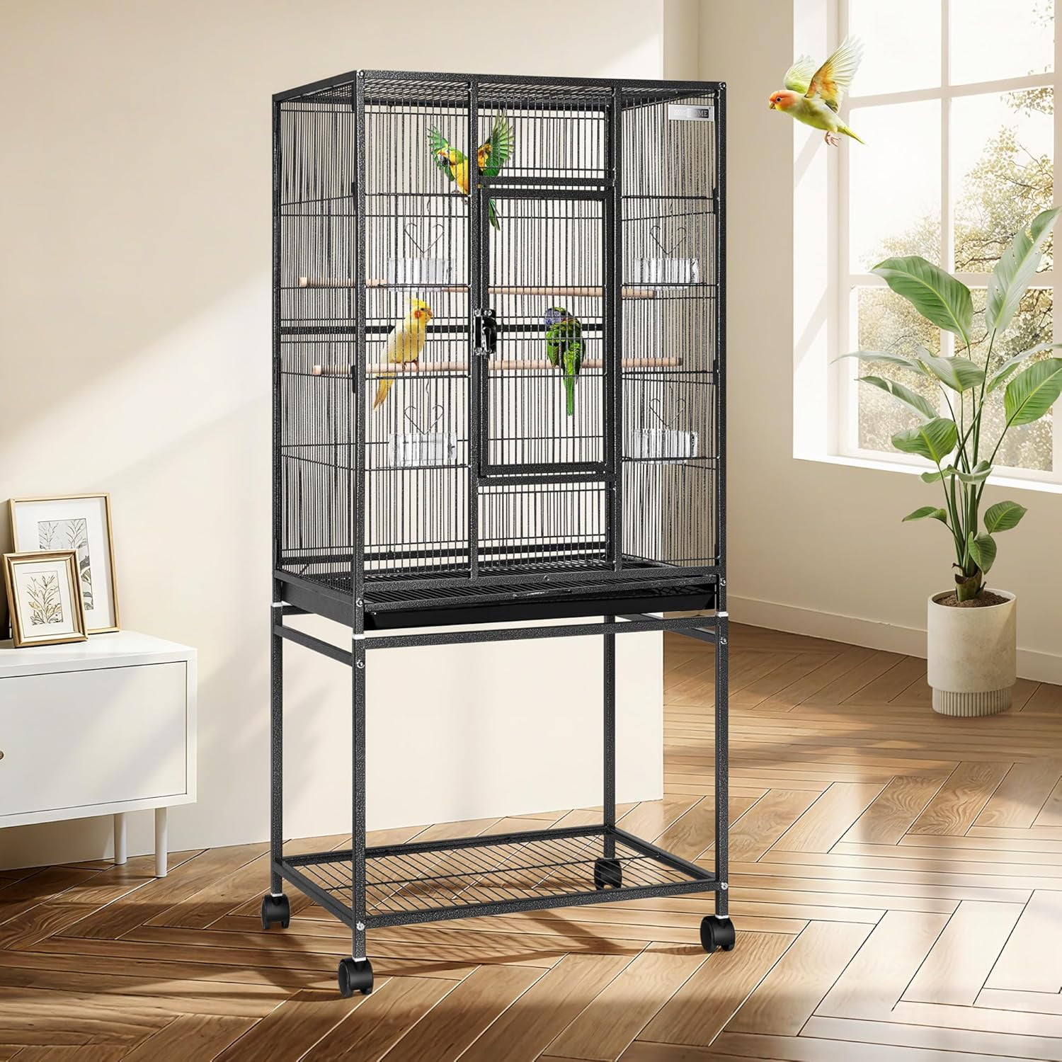 54 Inch Wrought Iron Large Bird Flight Cage with Rolling Stand for Parakeets Canaries Cockatiels Lovebirds Conures, Black