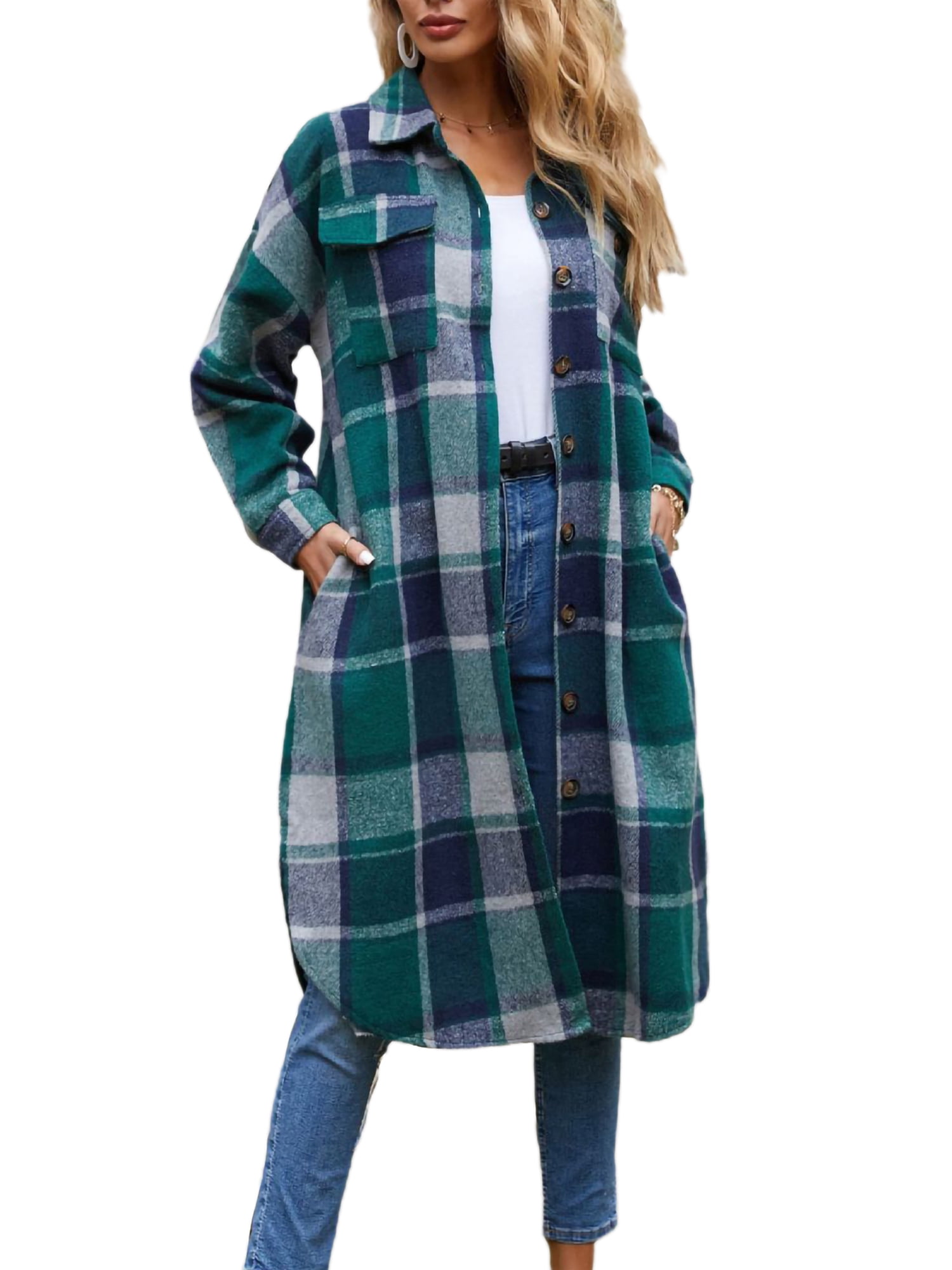 Bsubseach Long Sleeve Jacket with Pocket Plaid Color Block Buttoned Casual Shirts Outerwear 