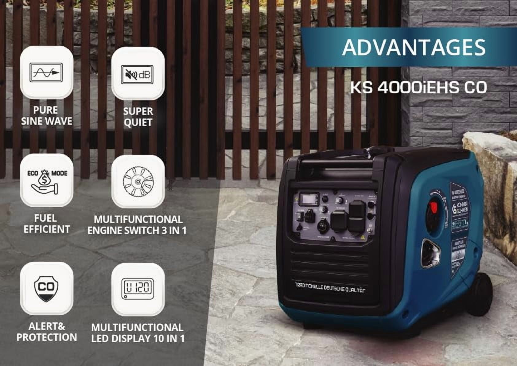 Konner & Sohnen 4000W Dual Fuel Generator Portable LPG/Gasoline 120V USB Quiet Parallel Ready Foldable Handle and Wheels Outdoor Camping Home Backup