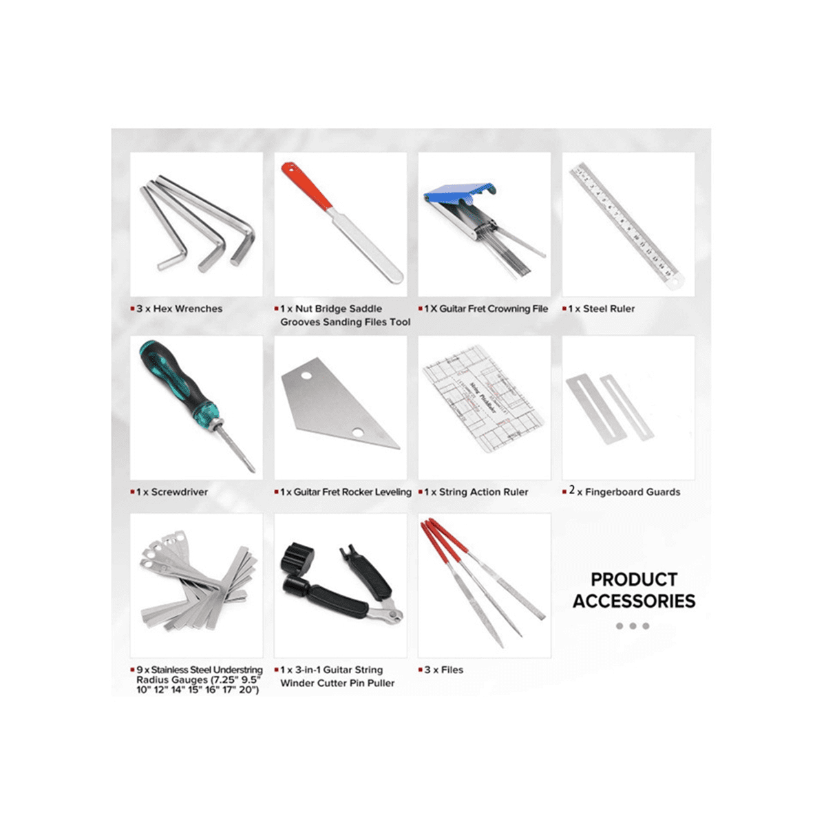 Guitar Repair Tool Kit, String Changing Tool, Wrench, Grinding File, Measuring Ruler, Stringer, Leveling Ruler, 25 in 1