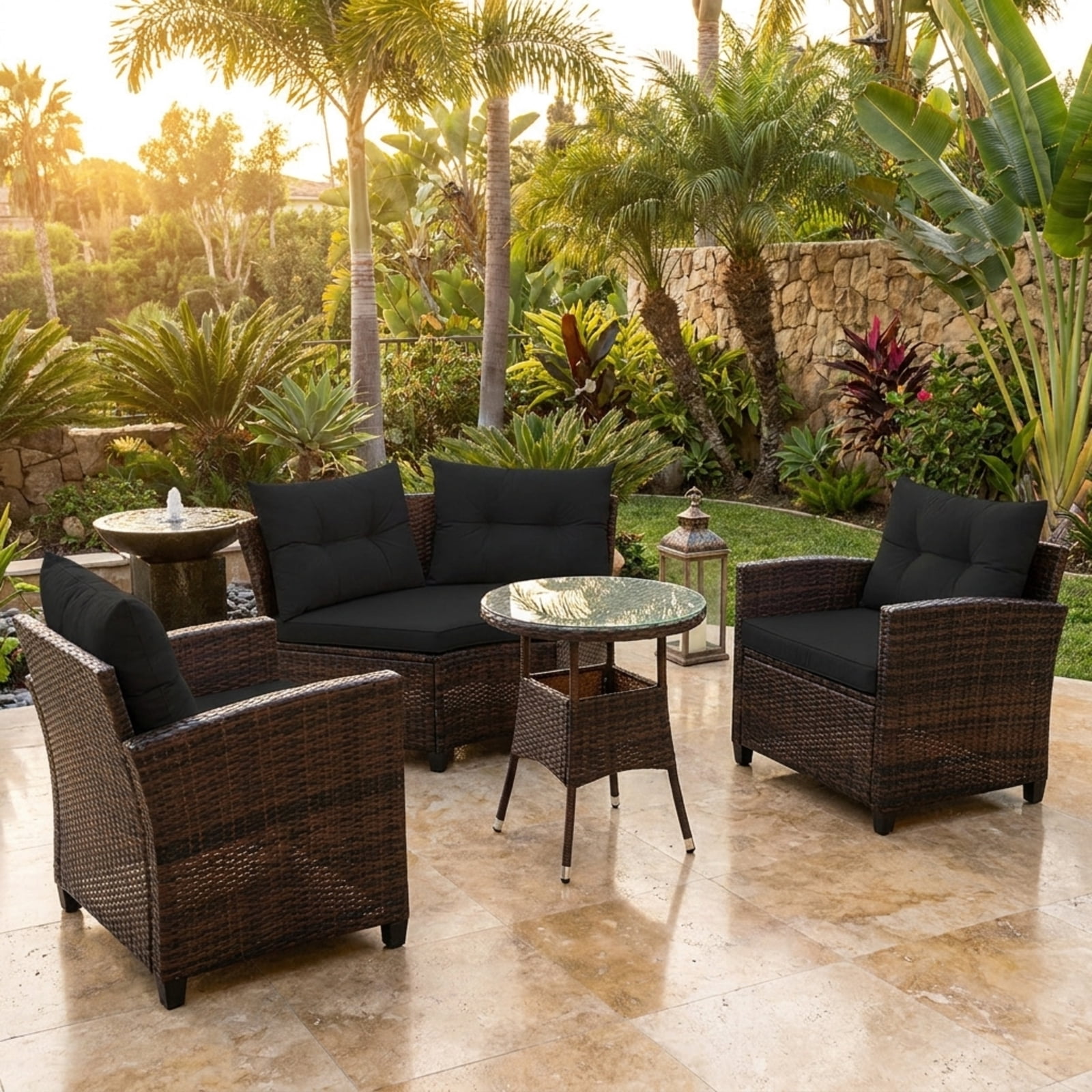 Furnibear 4 Pieces Outdoor Cushioned Rattan Furniture Set Patio Conversation Set with Loveseat Two Armchairs and Table for Backyard, Black