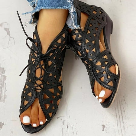 

Hvyesh Gladiator Sandals for Women Dressy Summer Peep Toe Sandals Comfortable Hollow Out Sandals Lace Up Fashionable Breathable Roman Sandal Size 9.5