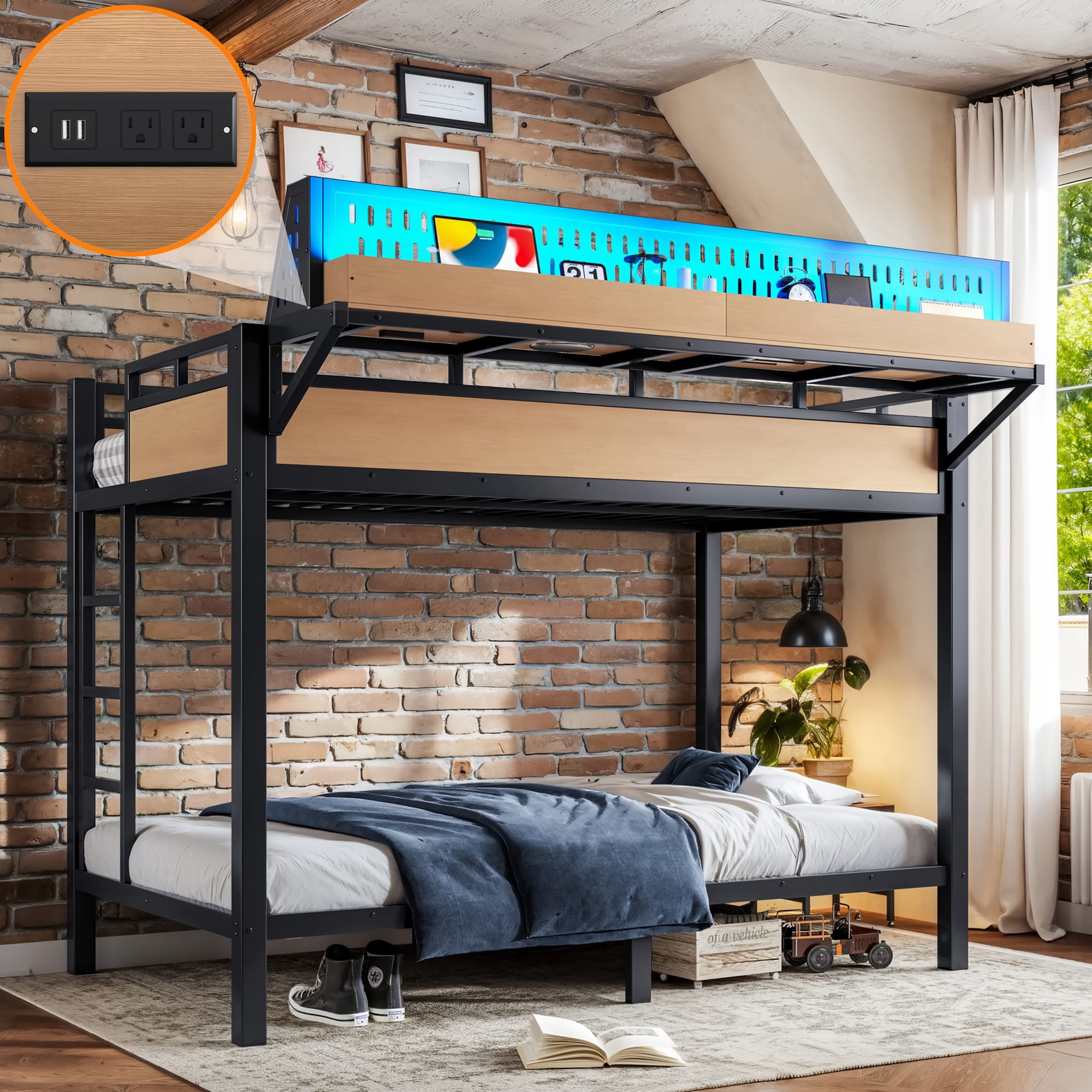 Mintazer Twin XL Over Twin XL Bunk Bed with Storage Shelves and Pegboard, Metal Bunk Bed Frame with LED Lights & Charging Station for Bedroom Guest Room, Black & Brown