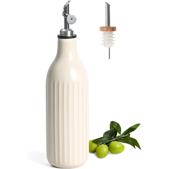 Ceramic Olive Oil Dispenser Bottle, 19 oz Oil Bottles for Kitchen and Vinegar Dispenser Bottle, Suitable for Oil, Vinegar, Coffee Syrups & Other Liquids, Off White