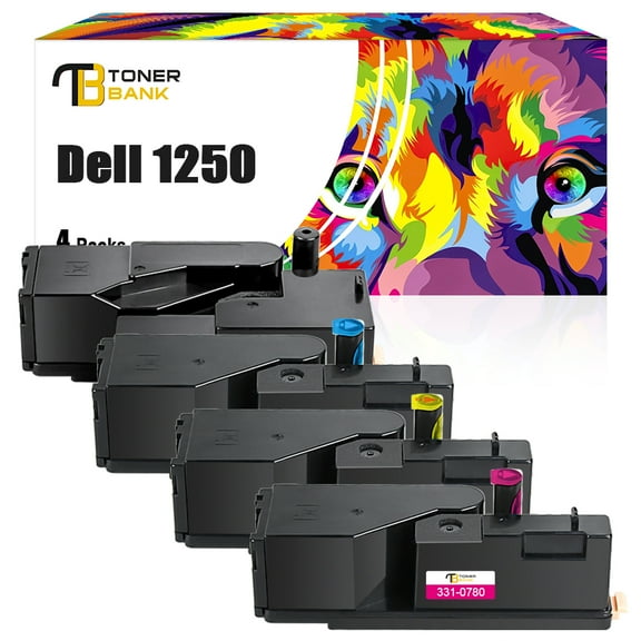 Toner Bank 4-Pack Compatible for Dell 1250 Toner Replacement for Dell 331-0778 1250C 1350CNW 1355CN 1355CNW C1760NW C1765NF C1765NF Printer Ink Black, Cyan, Magenta, Yellow