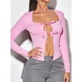 thumbnail image 3 of Bslissey Women's Long Sleeve T-shirt Low Cut Bow Tie Up Open Front Shirt Ladies Sexy Slim Fitted Tops for Spring Summer Streetwear, 3 of 7