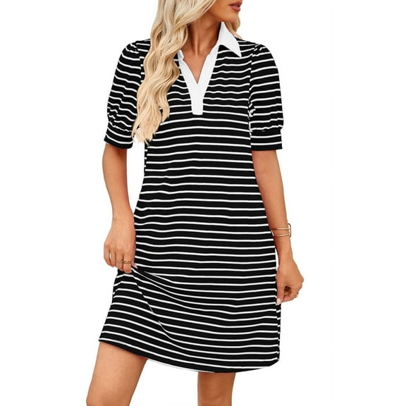 Women'S Summer Casual Striped V Neck Short Sleeve Flowy A Line Mini Dresses Black and White L
