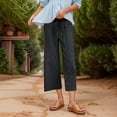 thumbnail image 2 of Summer Pants for Women Linen High Waisted Drawstring Culotte Pants Summer Elastic Waist Wide Leg Cropped Capri With Pockets Lady Elastic Waist Pant Training for Women Petite Sparkly Leggings Black 2XL, 2 of 5