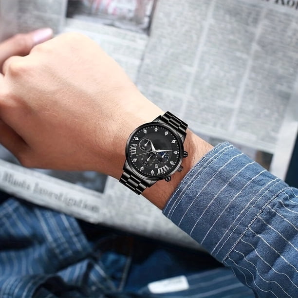Diamond Dial Mens Steel Strap Watch With Sun Moon Star Calendar