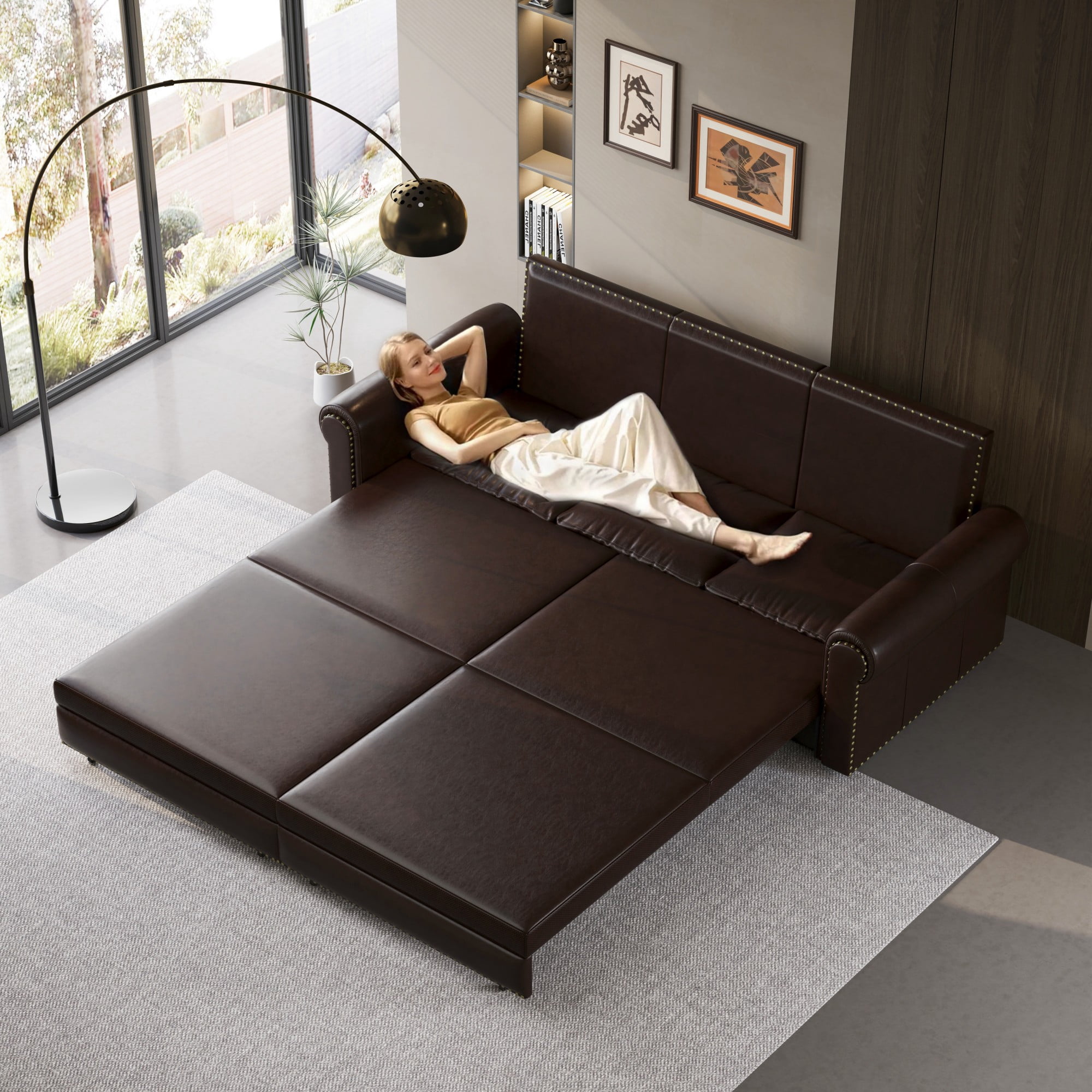 Aukfa 93.7" King Pull Out Sofa Bed, Faux Leather 3-in-1 Convertible Chesterfield Sleeper Sofa Couch with Nailhead Trim & Rolled Arms, Dark Brown