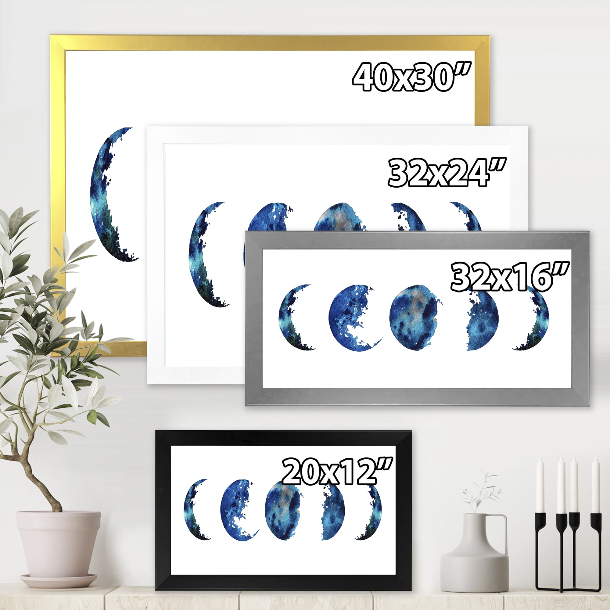Designart 'Blue Moon Different Phases' Bohemian & Eclectic Framed Art Print