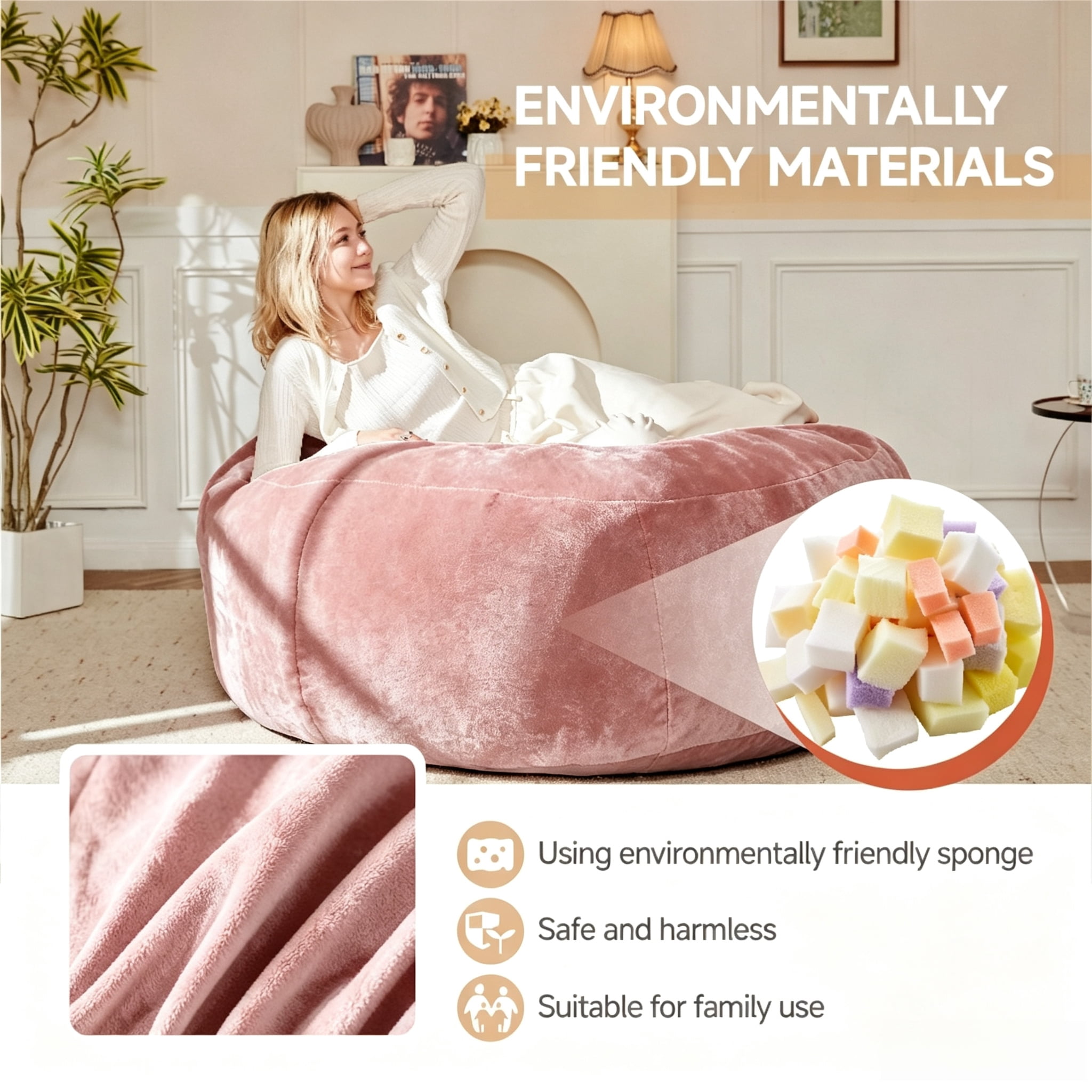 ShiKeyi 6FT Bean Bag Chairs for Adults & Teens, Memory Foam Filler Round Sofa Lounge Chair with Removable Washable Flannel Cover for Bedroom Dorm, Pink