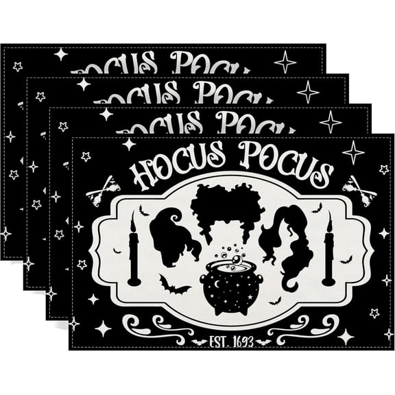 Linen Retro Black Halloween Placemats Set of 4 Hocus Pocus Table Mats Halloween Sanderson Sisters Amuck Decorations and Supplies for Home Table-12×18’’