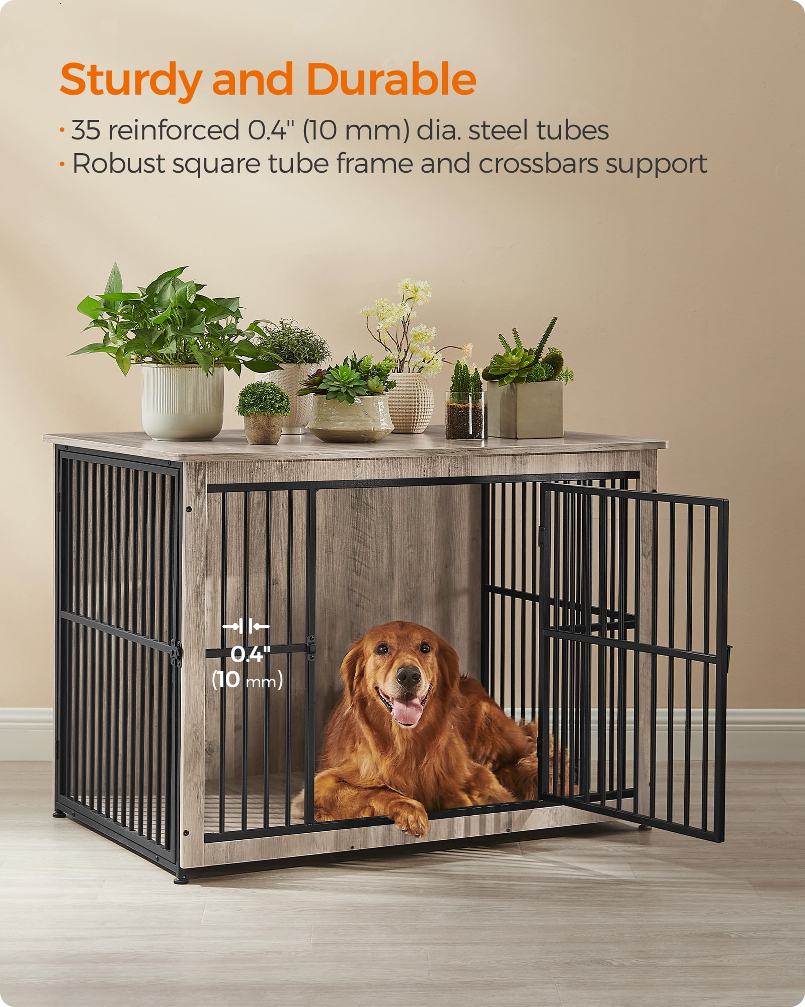 Feandrea Dog Crate Furniture, 43.3" Side End Table, Modern Kennel for Dogs Indoor up to 80 lb, Heavy-Duty Dog Cage with Enclosed Base, Double-Door Dog House, Heather Greige